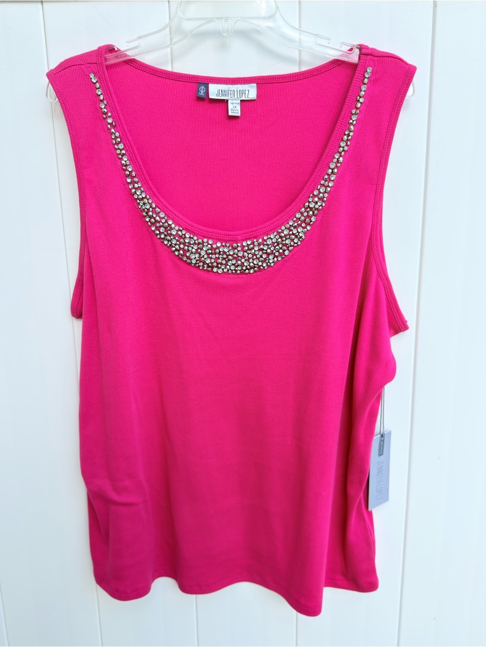 NWT Jennifer Lopez Hot Pink Jeweled Scoop Neck Ribbed Tank size 2X
